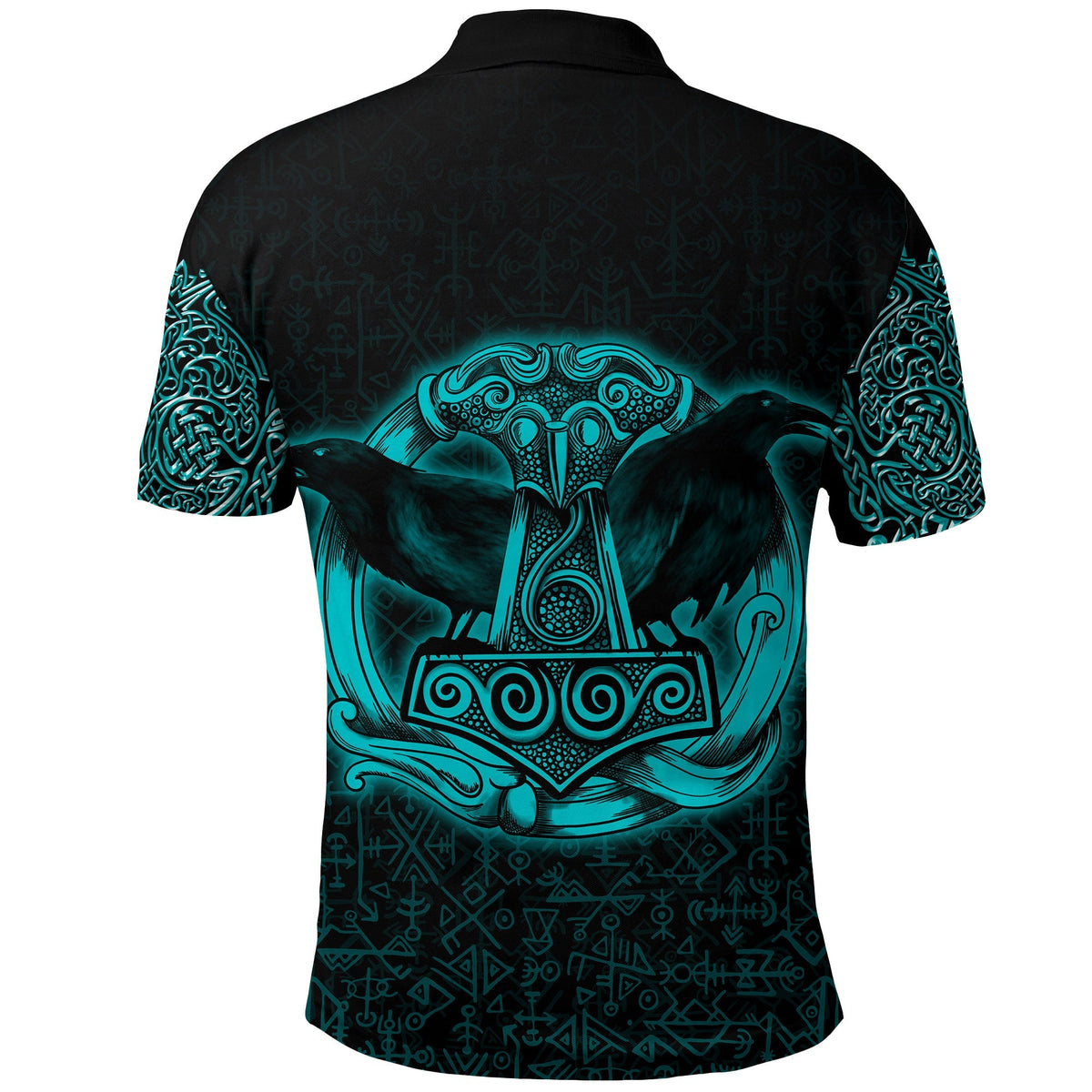 Viking Polo Shirt Raven Mjolnir Yggdrasil Cyan RLT12 - Wonder Print Shop