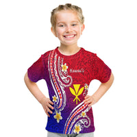 Kids red, purple & blue graphic T-shirt with white tiki-style art, yellow flower and Hawaii text