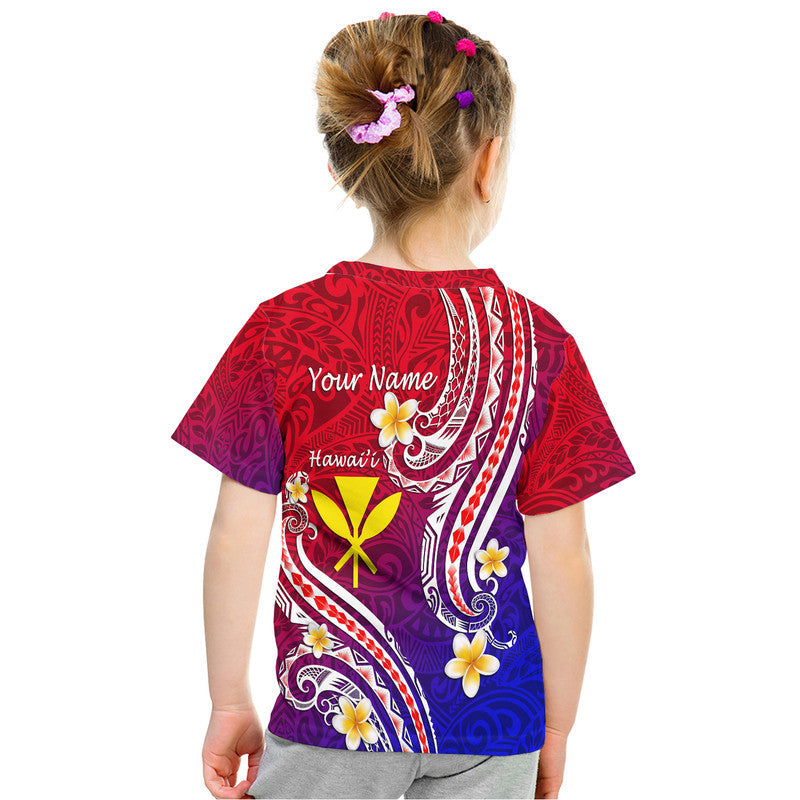 Kids red, purple & blue T-shirt back with white scroll lines, yellow symbol and flower motifs