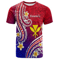 Red, purple & blue graphic T-shirt with white tiki-style art and yellow flower accents