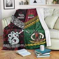 Premium fleece blanket with Aotearoa and Vanuatu map designs, multicolor patterned panel