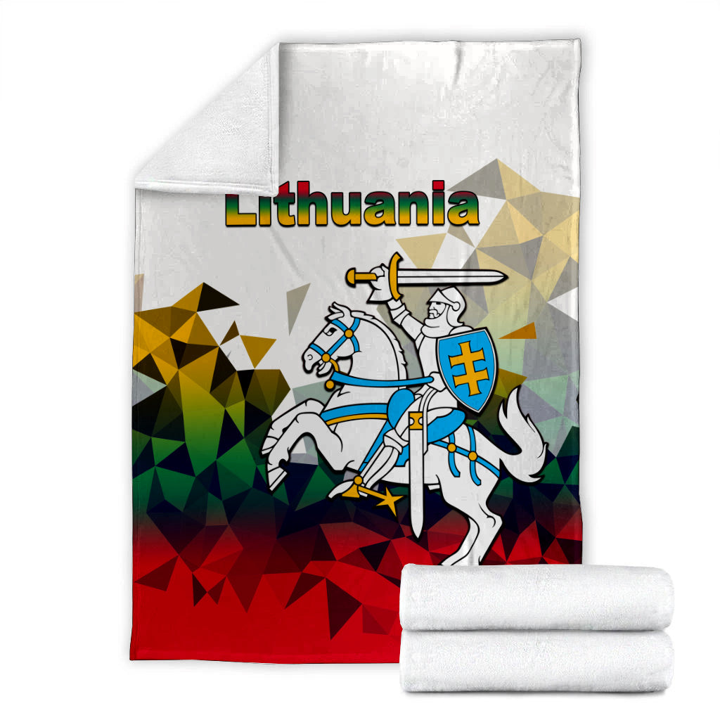 Lithuania blanket set: folded white throw with knight shield, plus two white rolled blankets