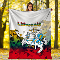 Lithuania white blanket folded around knight, blue shield and red-green geometric pattern