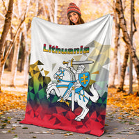 Lithuania white blanket with knight and shield graphic, red bottom with faceted triangles