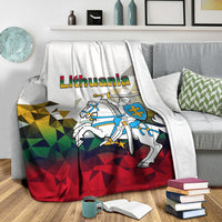 Lithuania white throw blanket with knight graphic and red-green faceted polygon background