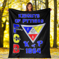 Black Knights of Pythias blanket held up, colorful crest and 1864 lettering
