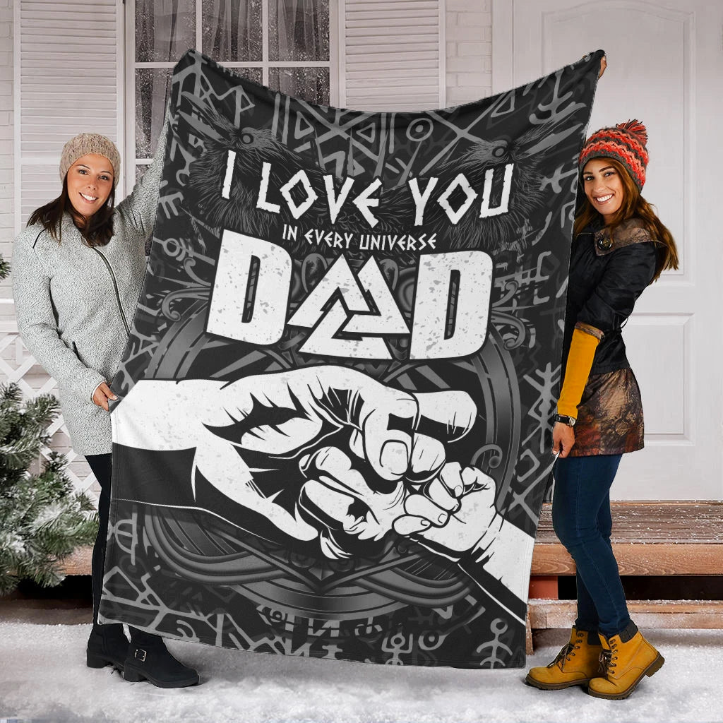 Black Viking dad blanket with large 'I LOVE YOU DAD' print, held outdoors