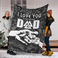 Black Viking dad blanket with large 'I LOVE YOU DAD' print, held outdoors