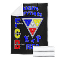 Black folded Knights of Pythias blanket with crest, 1864 text and rolled white backing