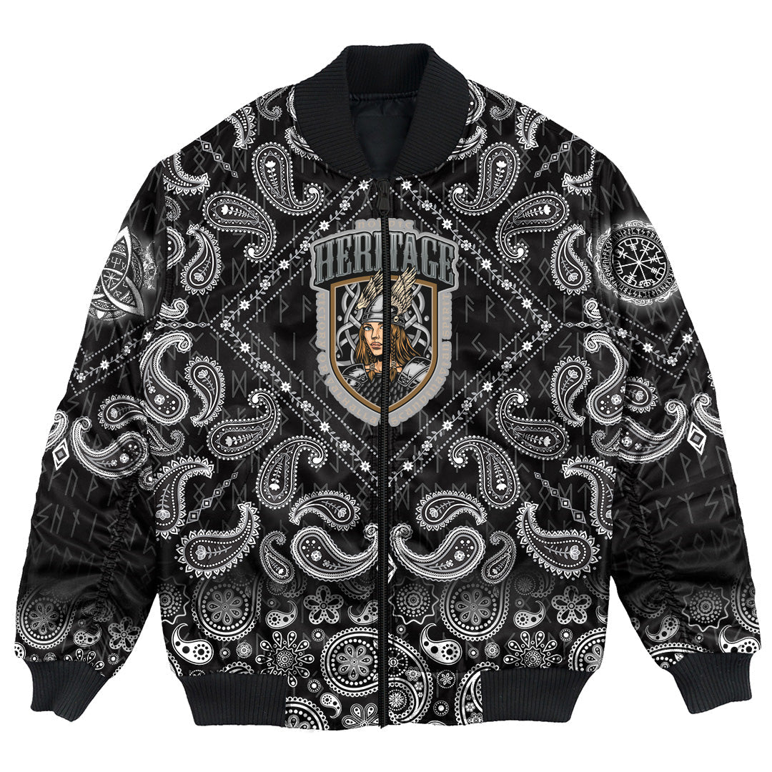 Viking Bomber Jacket Pretty Valkyrie with Bandana Paisley Style RLT12 - Wonder Print Shop