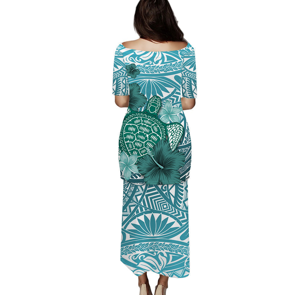 Turquoise tropical long dress with scoop back, sea turtle and hibiscus, 3/4 sleeves