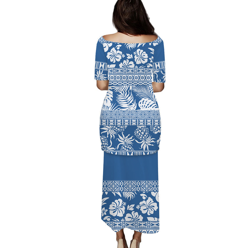 Blue long off-shoulder dress, short sleeves, tropical leaf and floral print (back)