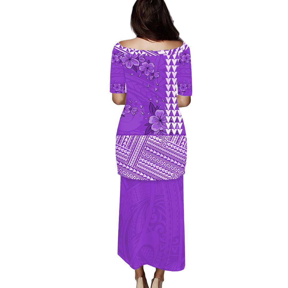 Purple long dress, back view, floral and geometric tropical print with boat neckline