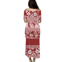 Red long dress, back view, with floral and leaf print, short sleeves, straight hem.