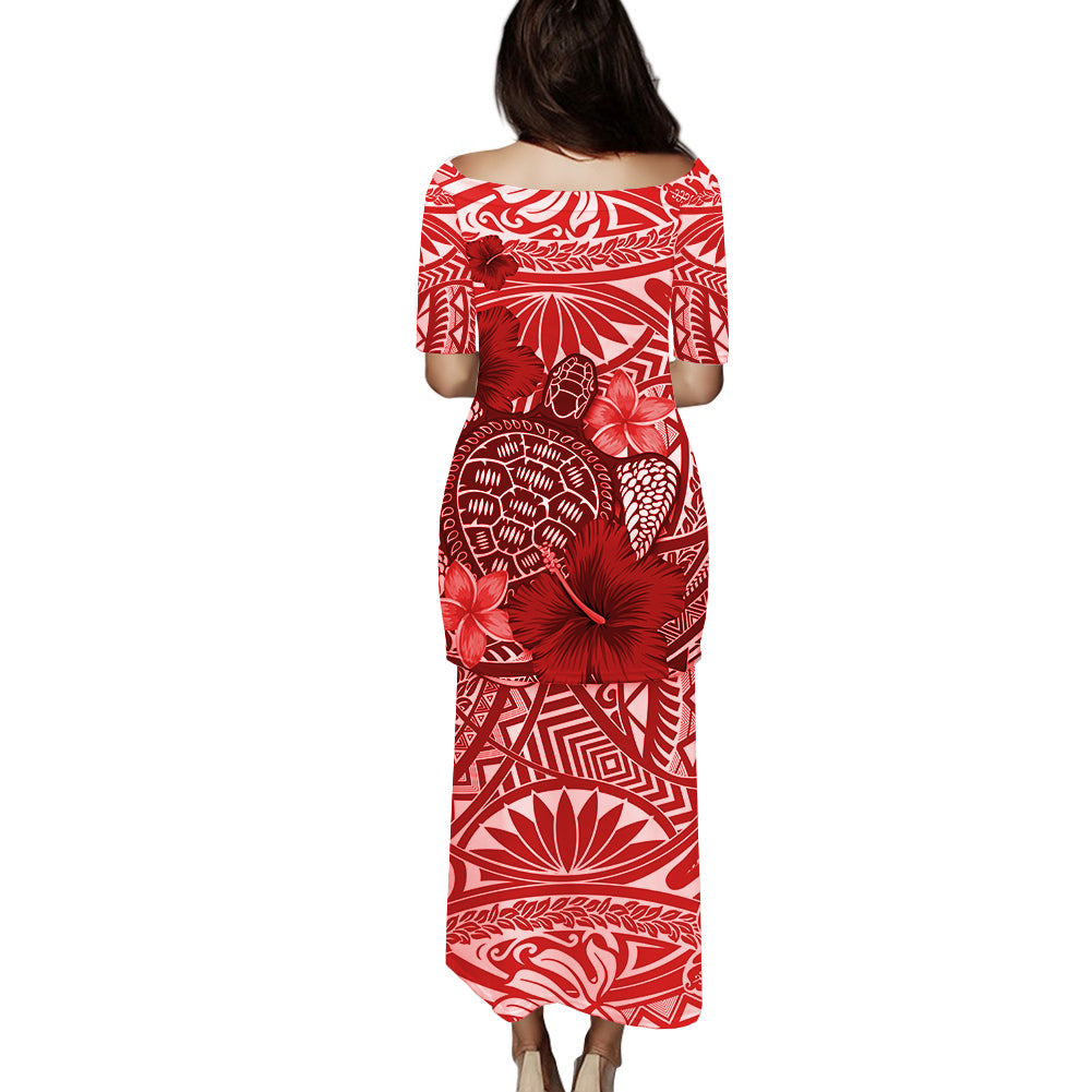 Red long puletasi dress in Polynesian print with hibiscus and sea turtle motif, back view