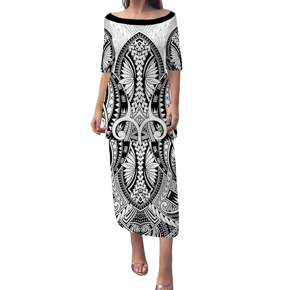 Black long dress with Polynesian geometric print, boat neckline, elbow sleeves