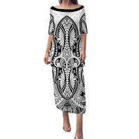 Black long dress with Polynesian geometric print, boat neckline, elbow sleeves