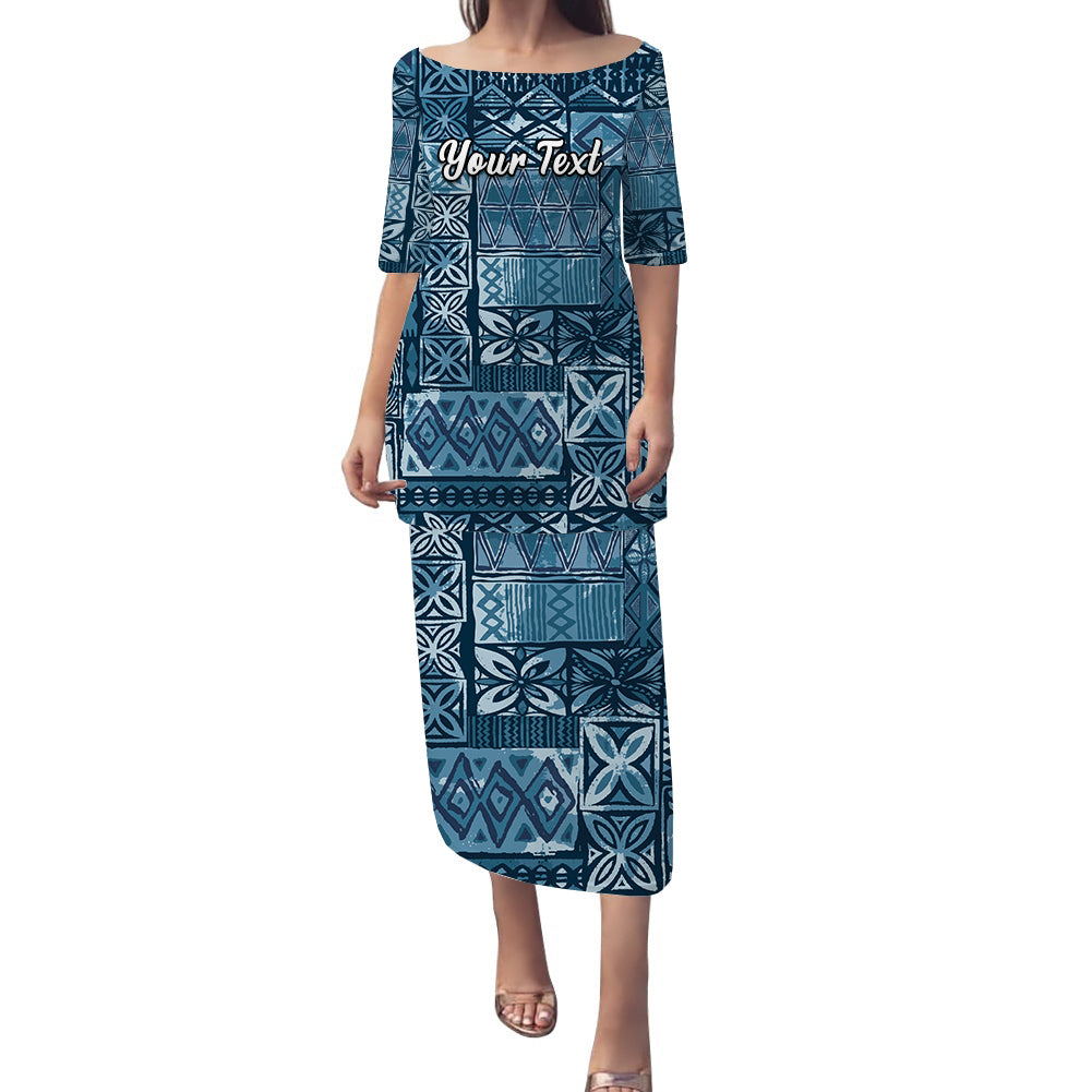 custom-personalised-polynesian-puletasi-dress-blue-tapa-tribal-fabric-pattern