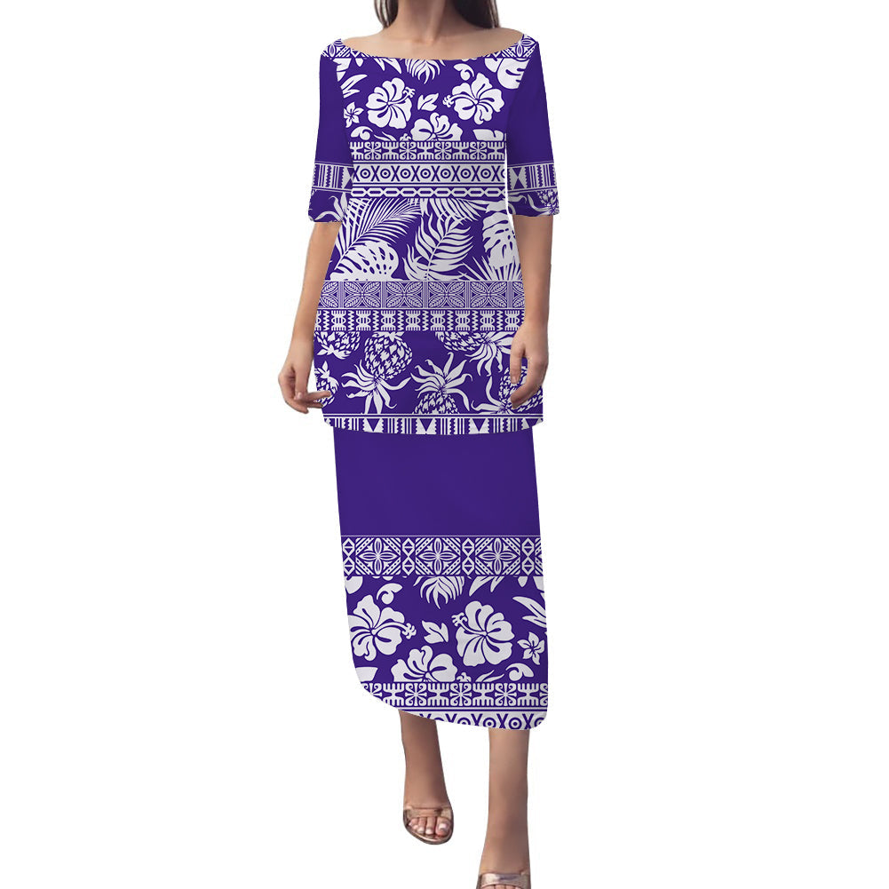 Purple long dress with tropical floral leaf print and white geometric bands