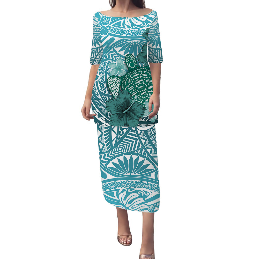 Turquoise tropical long dress with sea turtle and hibiscus, 3/4 sleeves