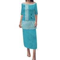Turquoise long dress with floral & geometric Polynesian pattern, 3/4 sleeves