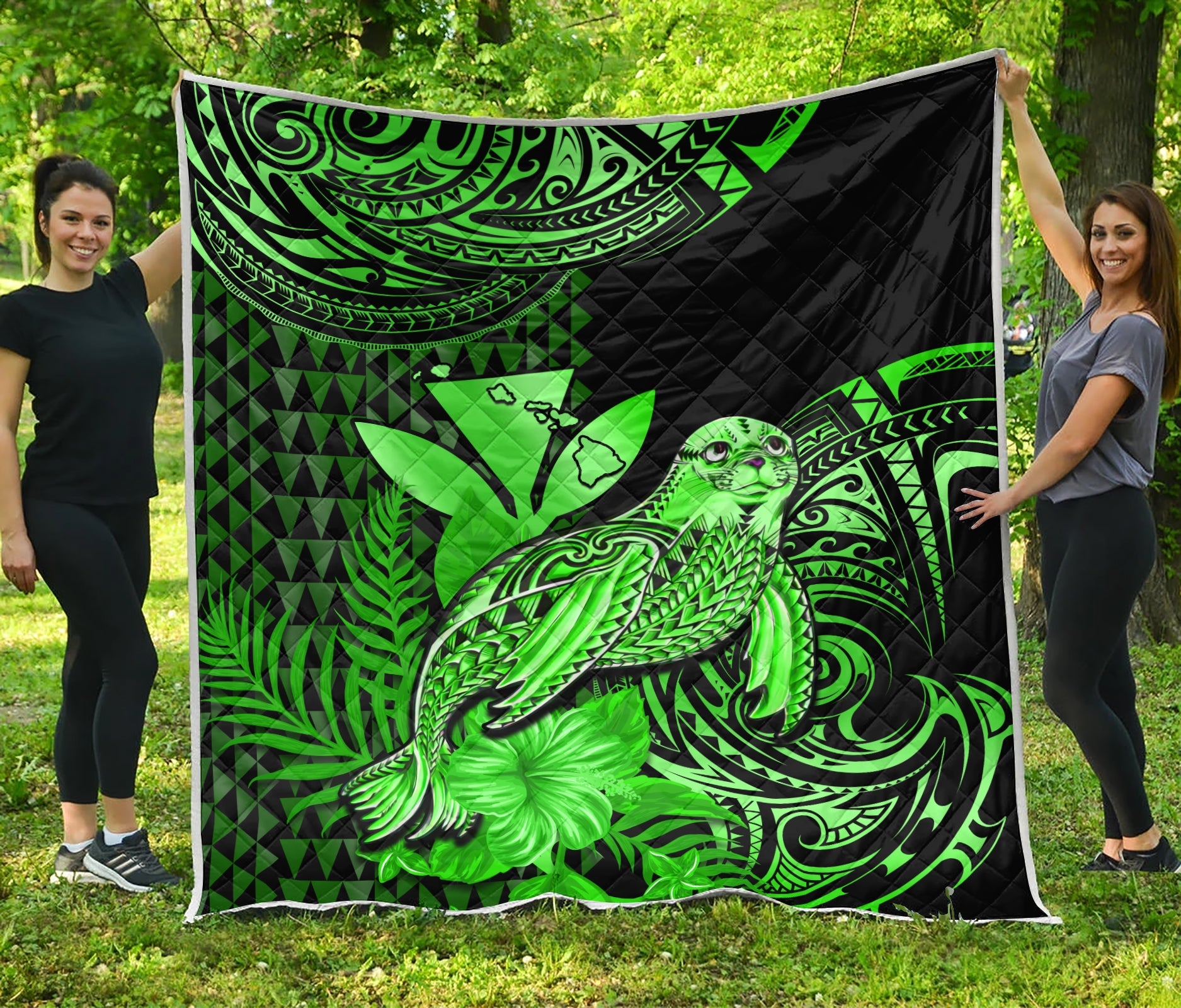 Hawaii Monk Seal Premium Quilt Kakau With Kanaka Green - Wonder Print Shop