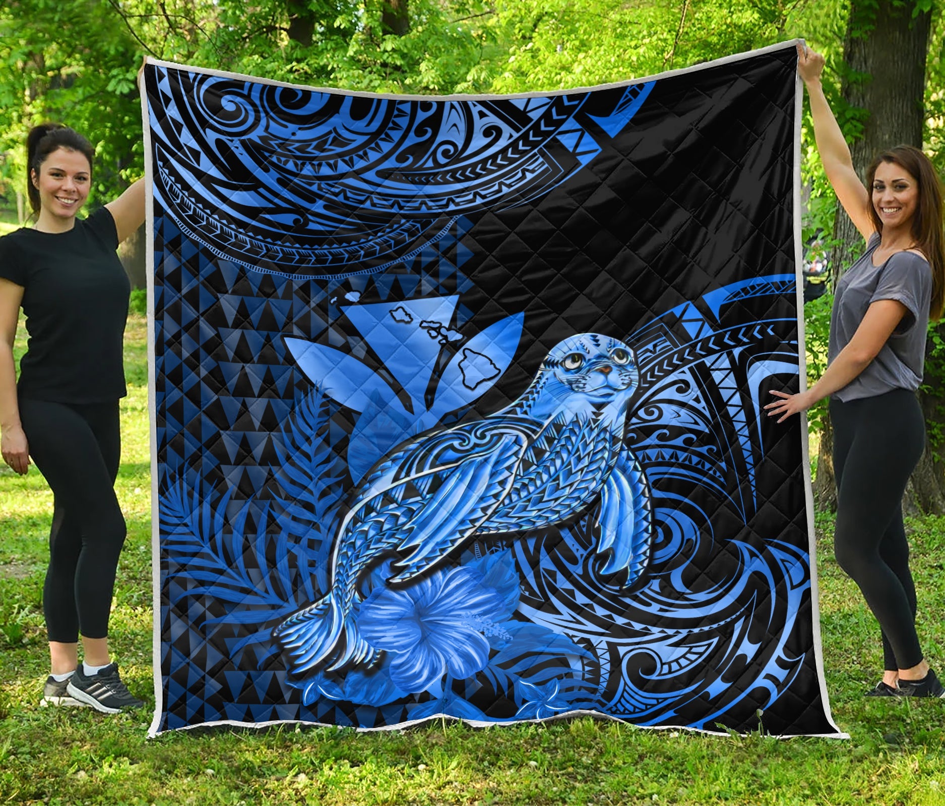 Hawaii Monk Seal Premium Quilt Kakau With Kanaka Blue - Wonder Print Shop