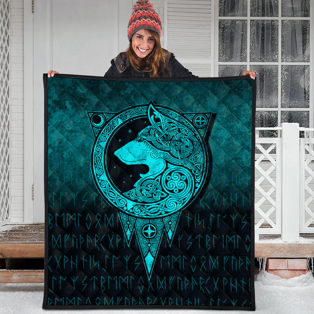 Viking Quilt - Viking Norse Wolf - Cyan Version Quilt RLT12 - Wonder Print Shop