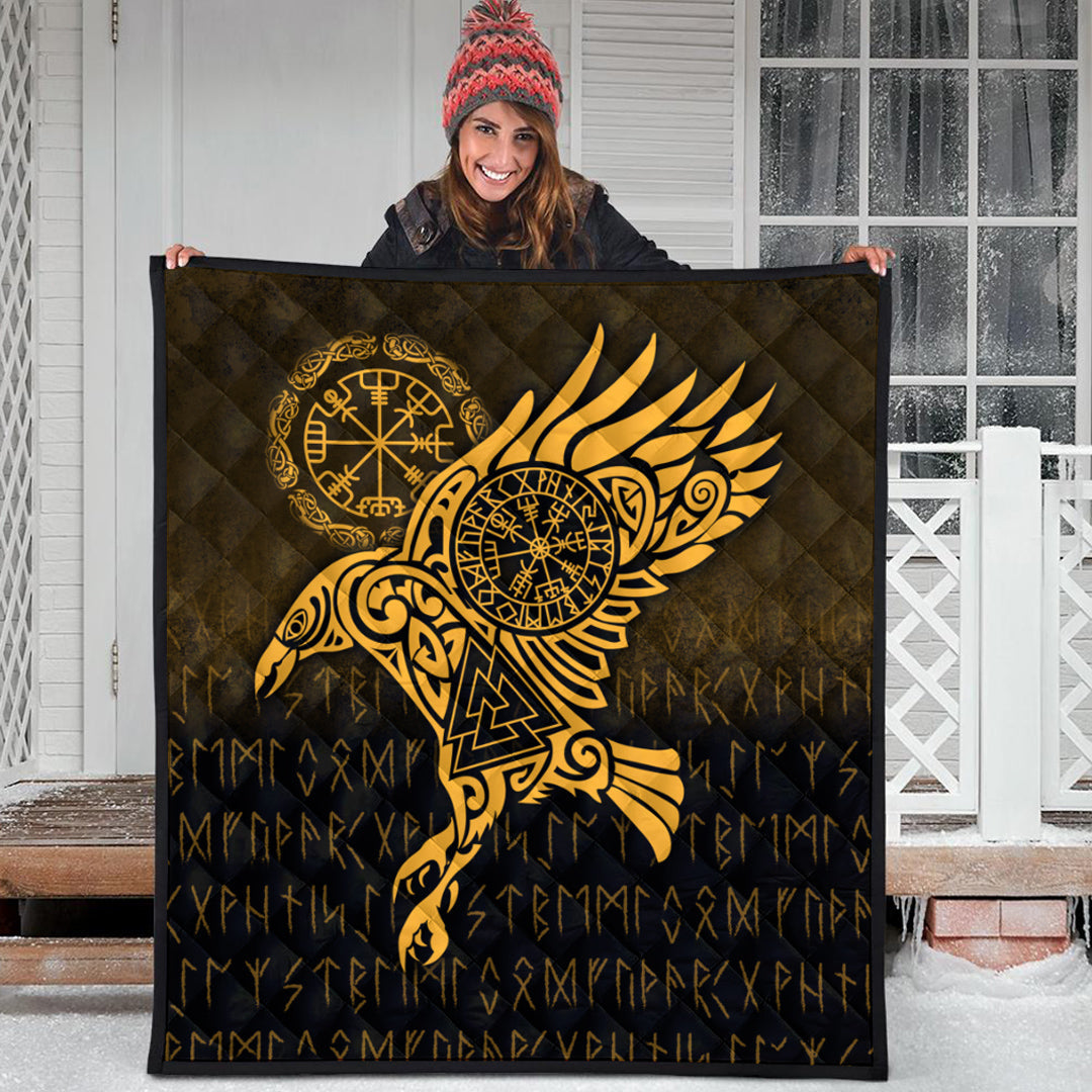 Viking Quilt - Raven Vegvisir Tattoo - Gold Version Quilt RLT12 - Wonder Print Shop