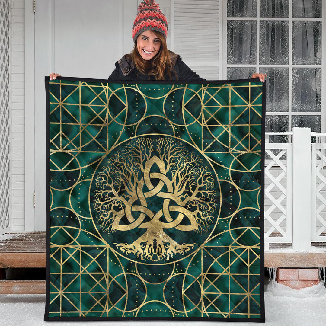 Viking Quilt - Tree Of Life with Triquetra Malachite and Gold Quilt RLT12 - Wonder Print Shop
