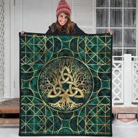 Teal quilt with gold Tree of Life, triquetra knot, and geometric lattice border