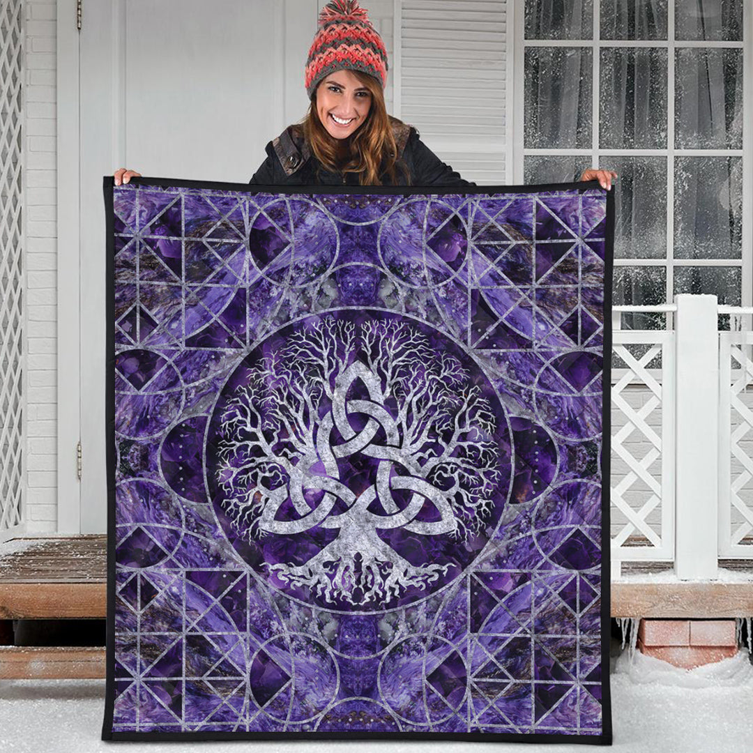 Viking Quilt - Tree Of Life with Triquetra Amethyst and Silver Quilt RLT12 - Wonder Print Shop