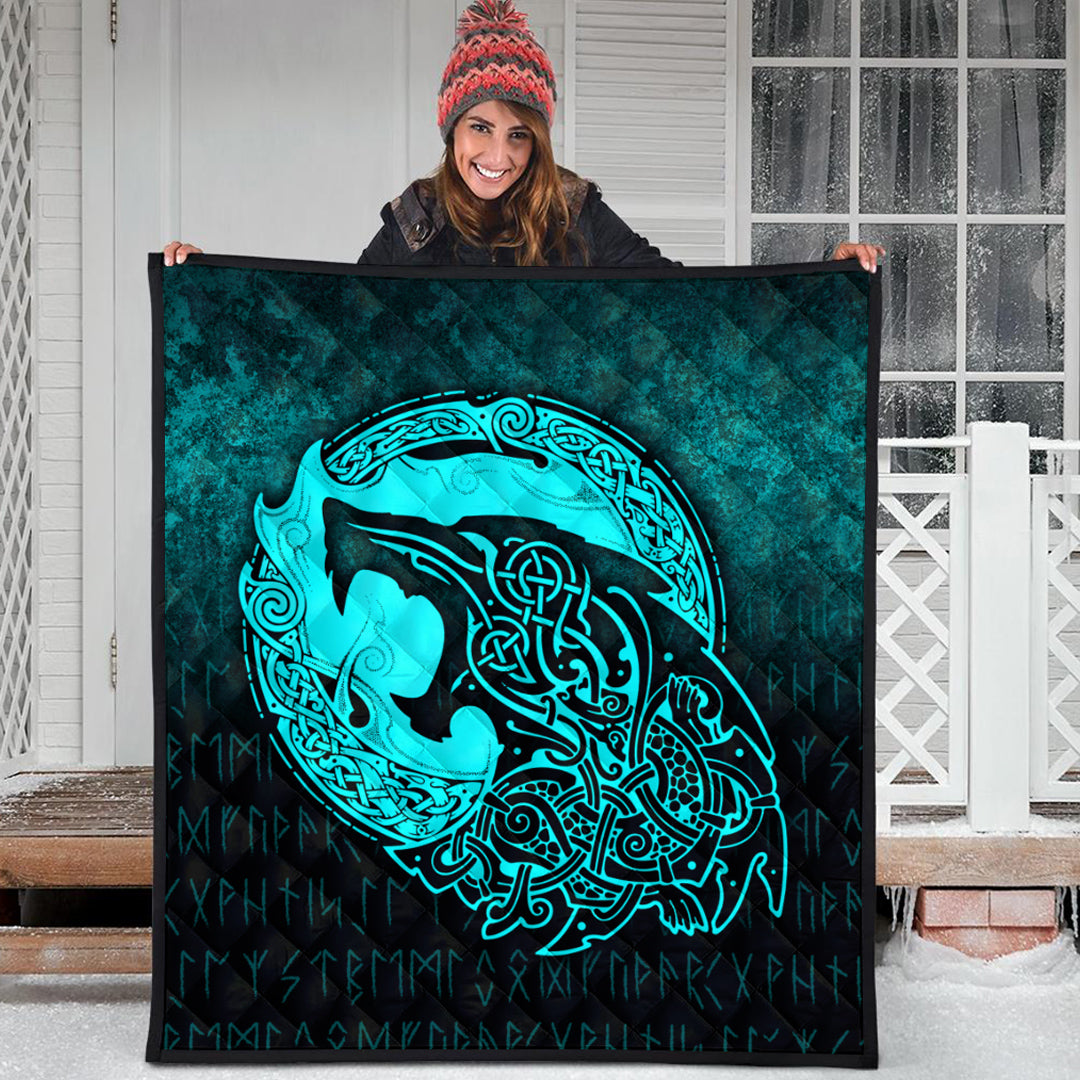 Viking Quilt - Fenrir Viking 3D Tattoo - Cyan Version Quilt RLT12 - Wonder Print Shop