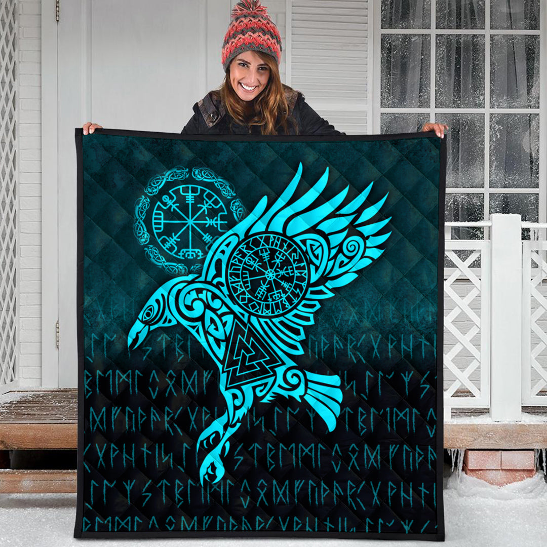 Viking Quilt - Raven Vegvisir Tattoo - Cyan Version Quilt RLT12 - Wonder Print Shop
