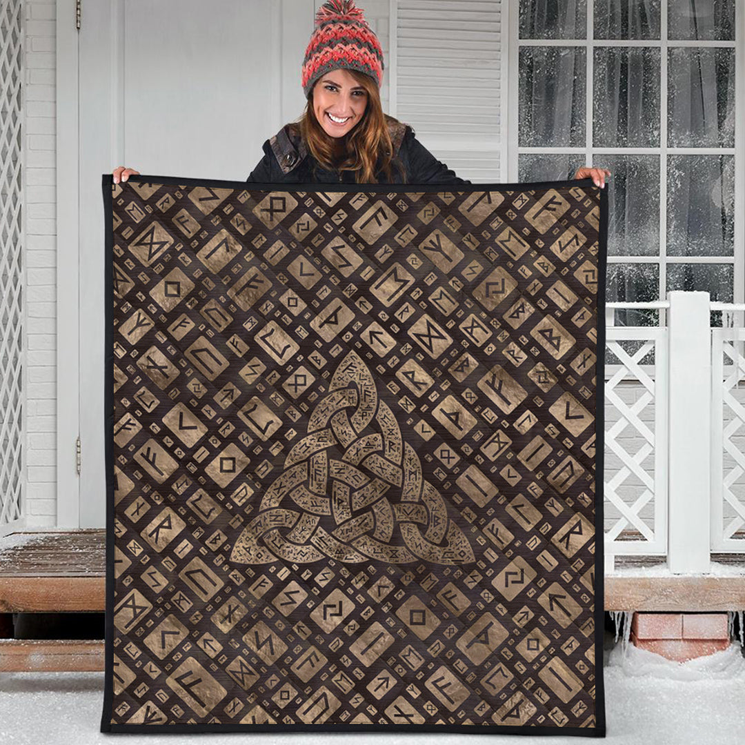 Viking Quilt - Triquetra and Runic Alphabet Wood and Gold Quilt RLT12 - Wonder Print Shop