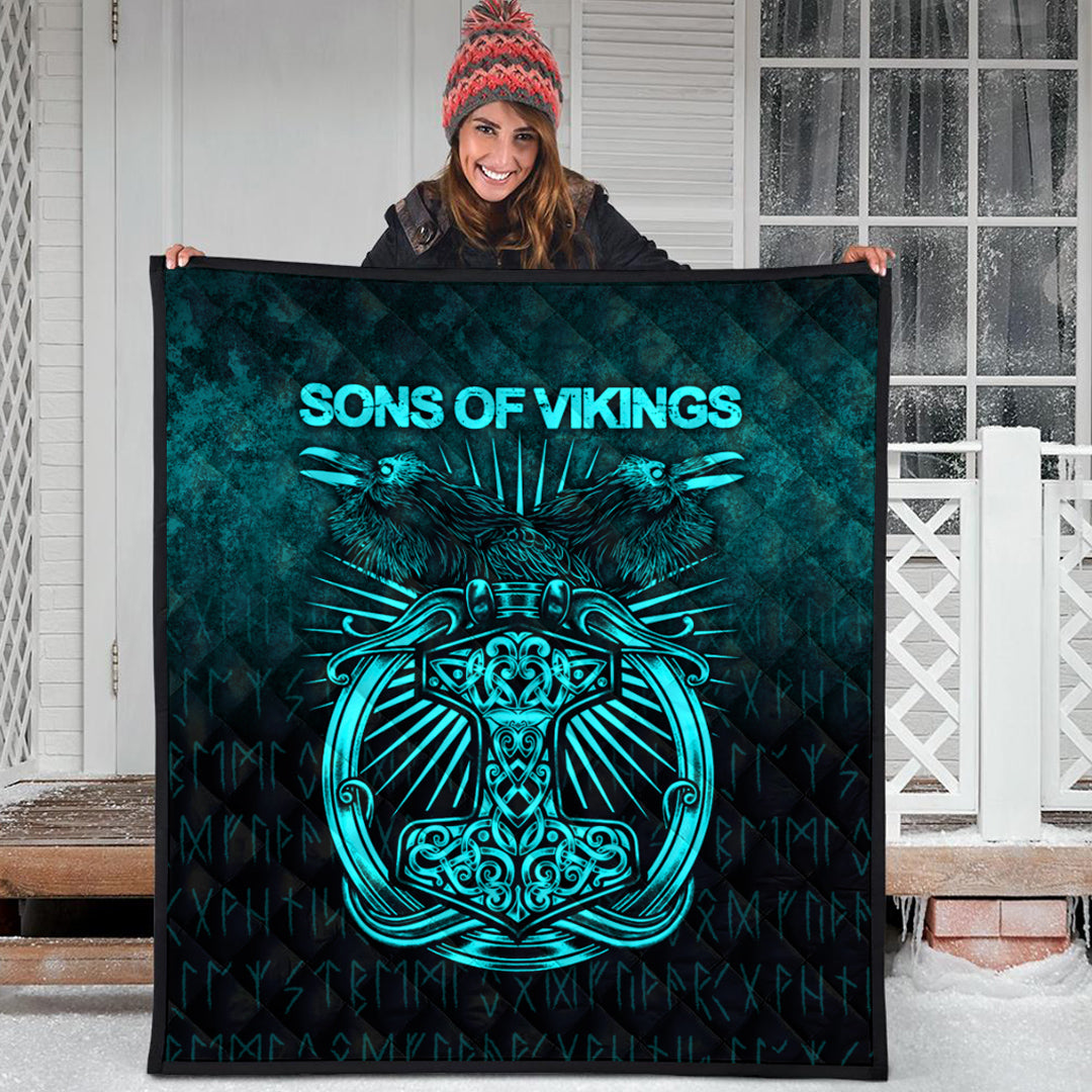 Viking Quilt - Vikings Ravens Mjolnir - Cyan Version Quilt RLT12 - Wonder Print Shop