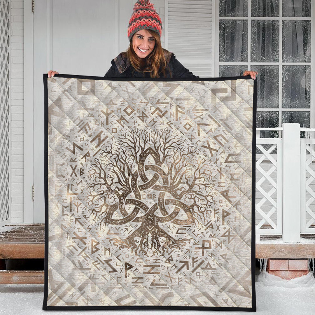 Viking Quilt - Tree Of Life with Triquetra and Futhark Pastel Gold Quilt RLT12 - Wonder Print Shop