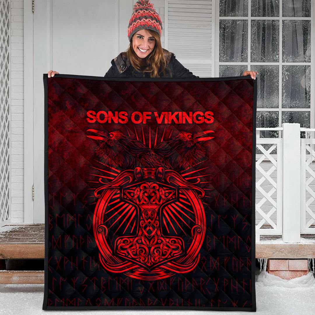 Viking Quilt - Vikings Ravens Mjolnir - Red Version Quilt RLT12 - Wonder Print Shop