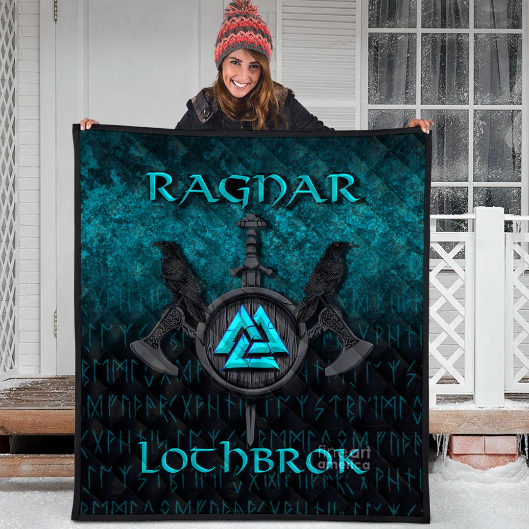 Viking Quilt - Ragnar Lothbrok - Ragnar Lodbrok - Viking Warrior - Cyan Version Quilt RLT12 - Wonder Print Shop