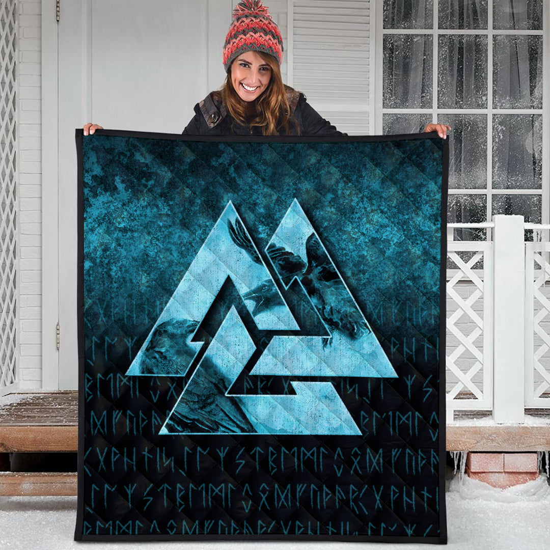 Viking Quilt - Huginn Muninn Ravens from Odin Viking - Cyan Version Quilt RLT12 - Wonder Print Shop