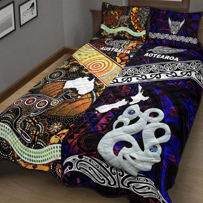 New Zealand Maori Aotearoa and Australia Aboriginal Quilt Bed Set Together Purple LT8 - Wonder Print Shop