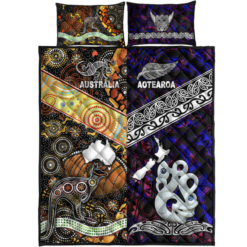 New Zealand Maori Aotearoa and Australia Aboriginal Quilt Bed Set Together Purple LT8 - Wonder Print Shop