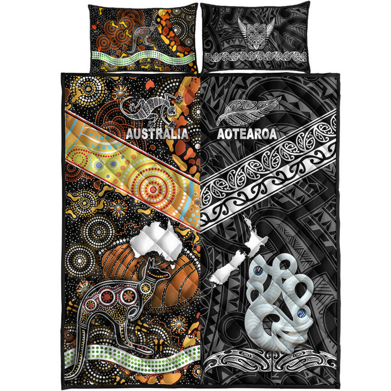 New Zealand Maori Aotearoa and Australia Aboriginal Quilt Bed Set Together Black LT8 - Wonder Print Shop