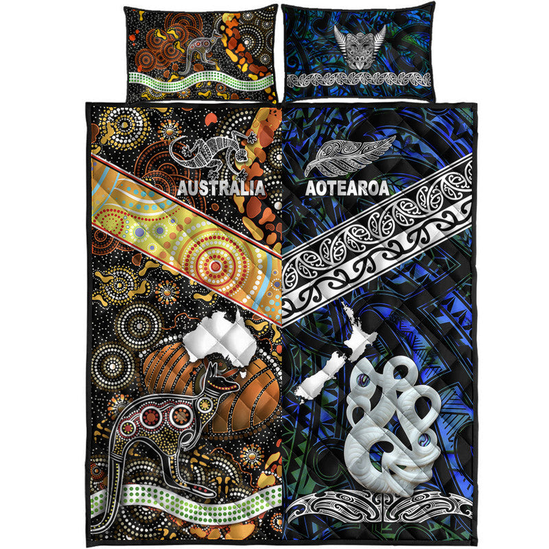 New Zealand Maori Aotearoa and Australia Aboriginal Quilt Bed Set Together Blue LT8 - Wonder Print Shop