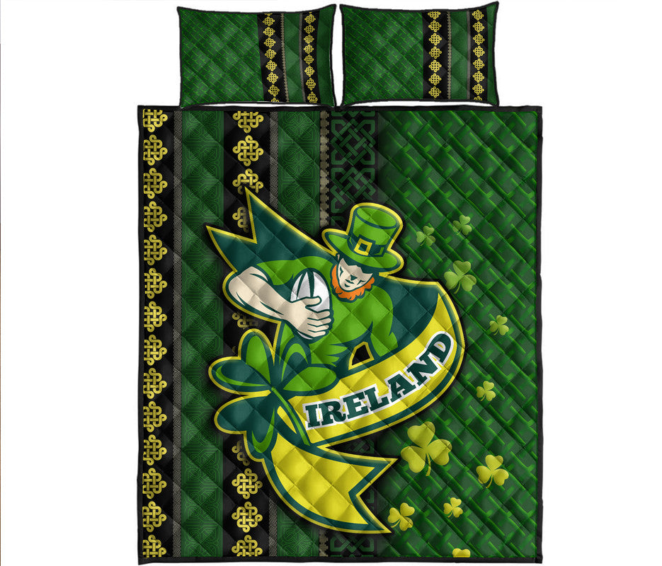 Ireland Celtic Knot Rugby Quilt Bed Set Irish Gold and Green Pattern - Wonder Print Shop