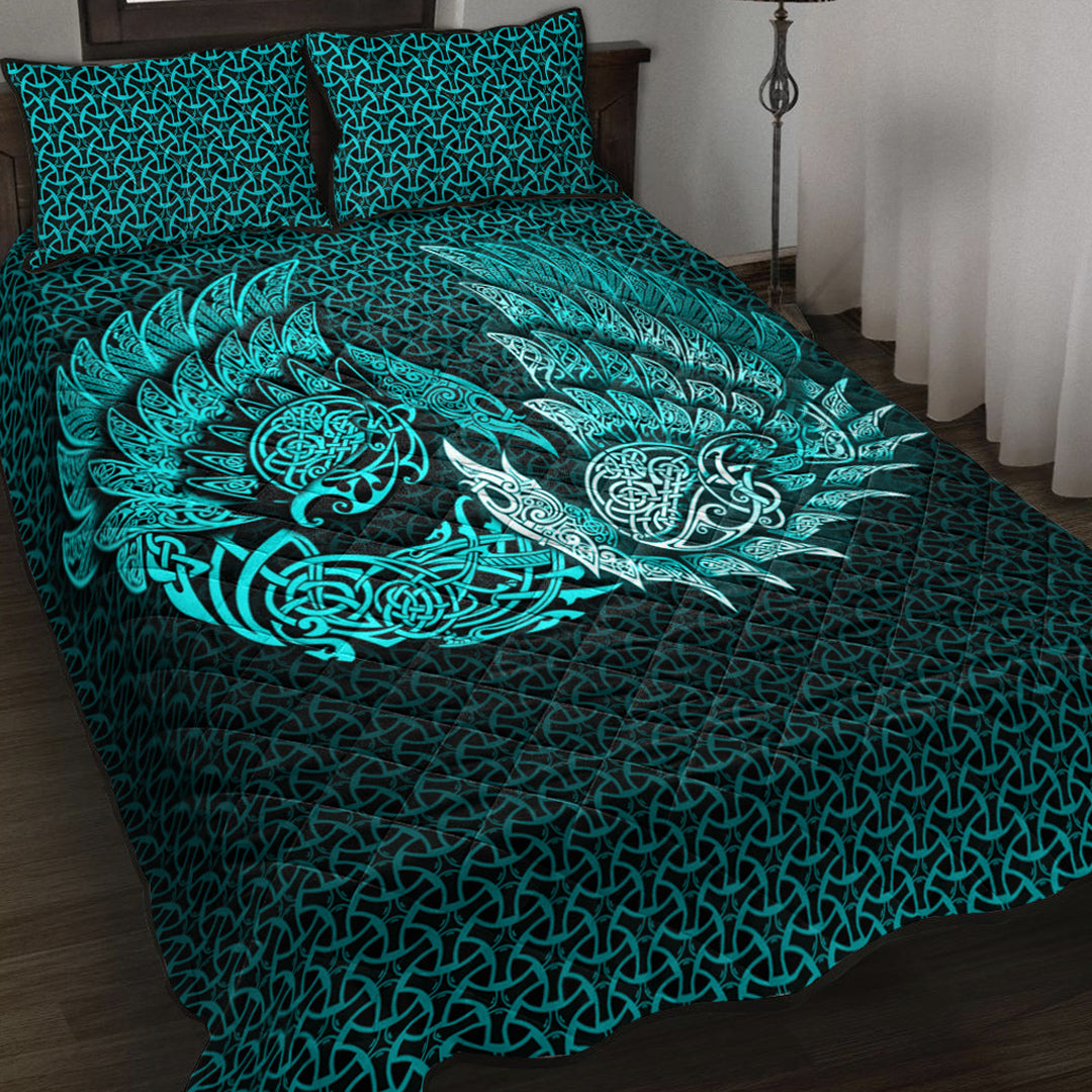 Viking Quilt Bed Set - Ragnarok Huginn Muninn - Cyan Version Quilt Bed Set RLT12 - Wonder Print Shop