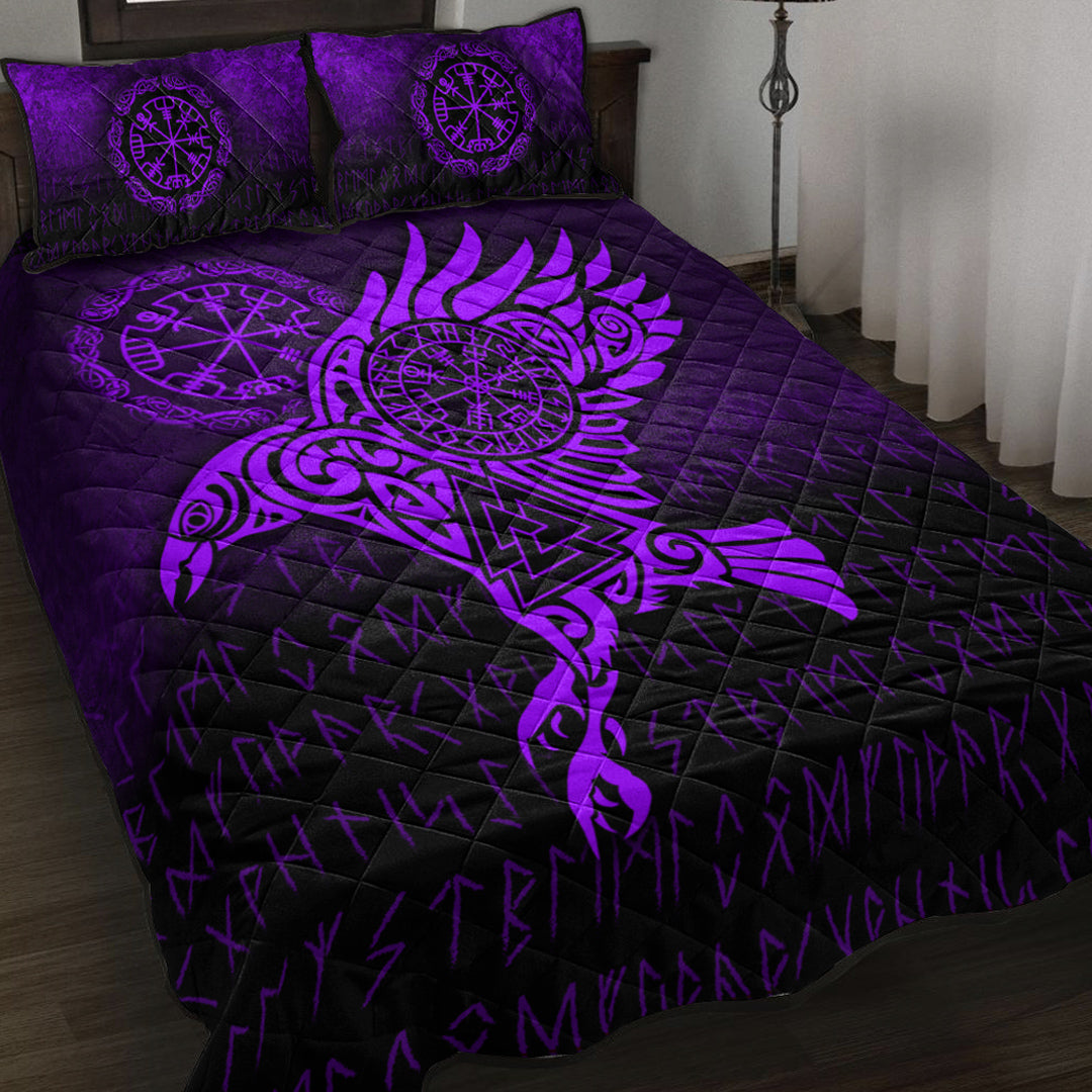 Viking Quilt Bed Set - Raven Vegvisir Tattoo - Purple Version Quilt Bed Set RLT12 - Wonder Print Shop