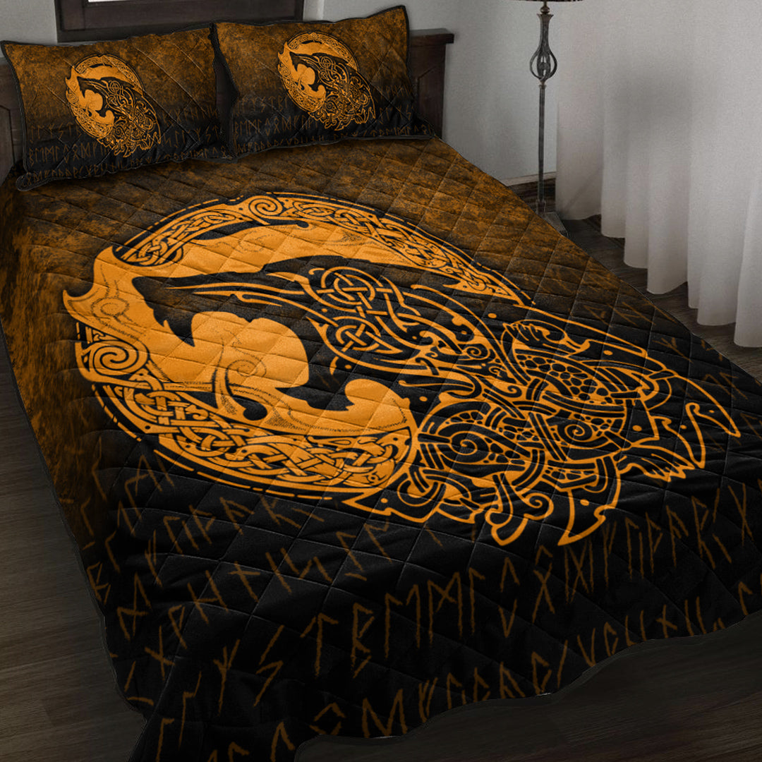 Viking Quilt Bed Set - Fenrir Viking 3D Tattoo - Gold Version Quilt Bed Set RLT12 - Wonder Print Shop