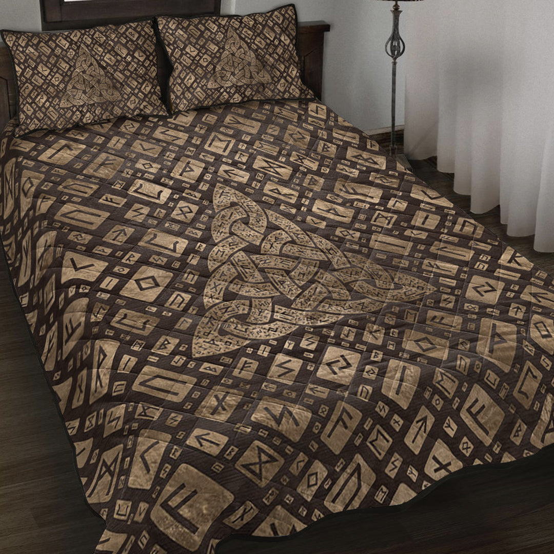 Viking Quilt Bed Set - Triquetra and Runic Alphabet Wood and Gold Quilt Bed Set RLT12 - Wonder Print Shop