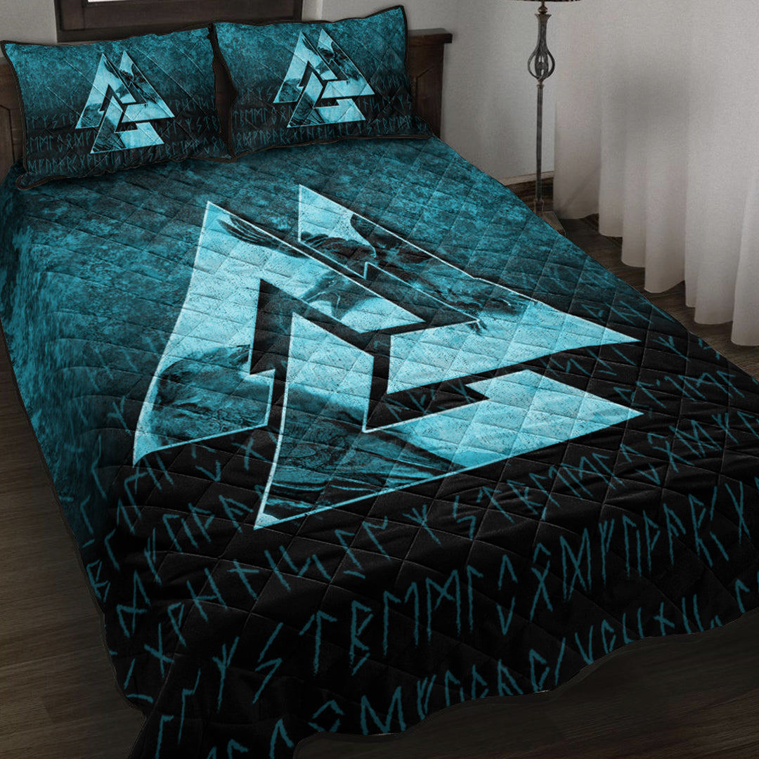 Viking Quilt Bed Set - Huginn Muninn Ravens from Odin Viking - Cyan Version Quilt Bed Set RLT12 - Wonder Print Shop